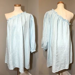 LAKE PAJAMAS 100% Linen One Shoulder Day Dress LIGHT AQUA/BLUE / MEDIUM